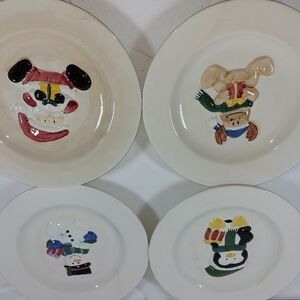 Vintage PAI Christmas Holiday Plates Set 4 Santa Snowman Reindeer Penguin 8"